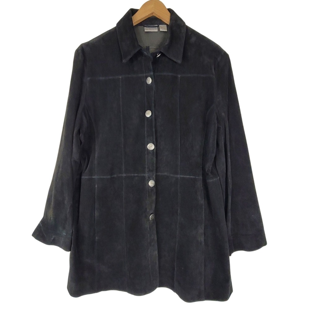 Chicos Vintage Black Suede Long Jacket Button Front Collared Size 3 / X-Large